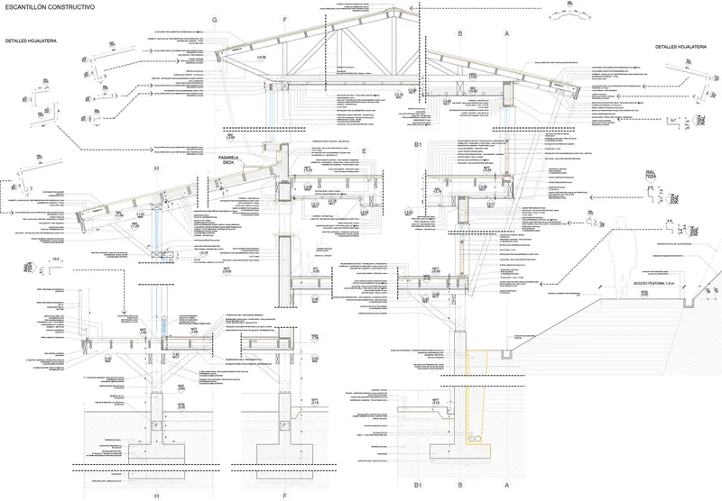 Construction detail drawing with annotations showing structural connections, materials, and assembly methods throughout the building