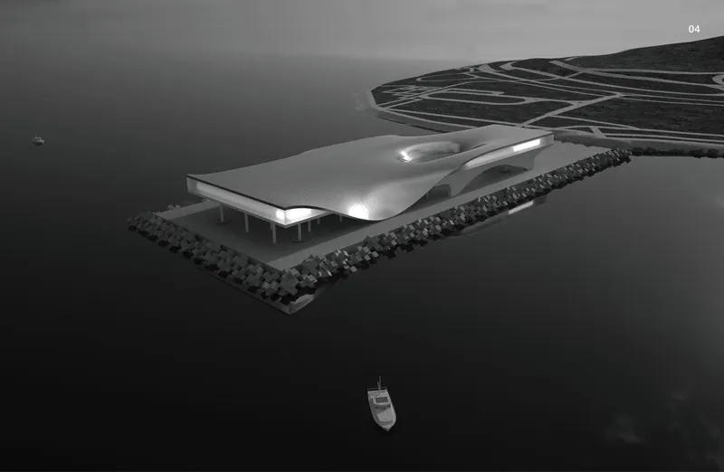 Aerial view of the curved roof pavilion on a waterfront platform with a small boat approaching
