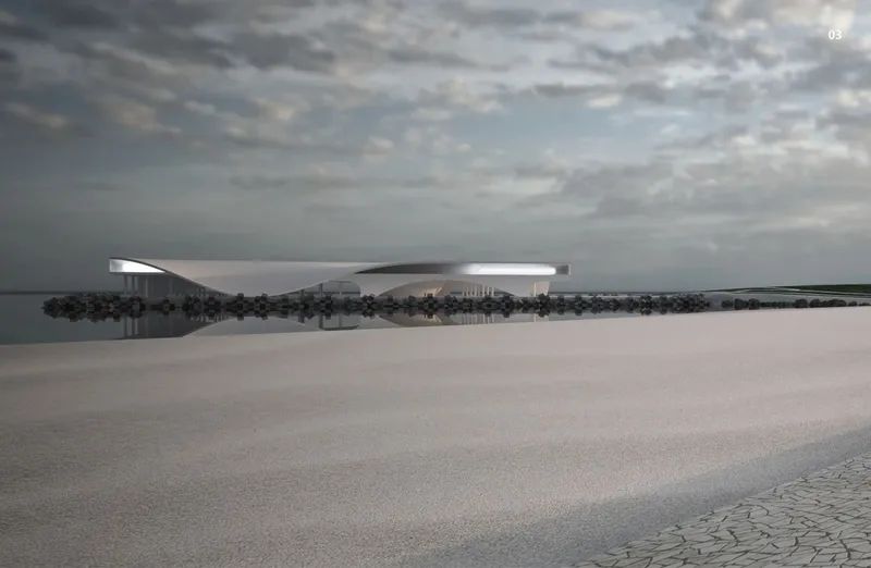Rendering of the undulating roof pavilion reflected in a shallow water plaza under cloudy skies