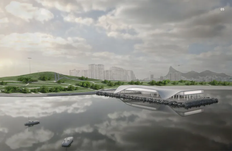 Waterfront rendering showing the flowing roof form with boats in the foreground and distant urban skyline
