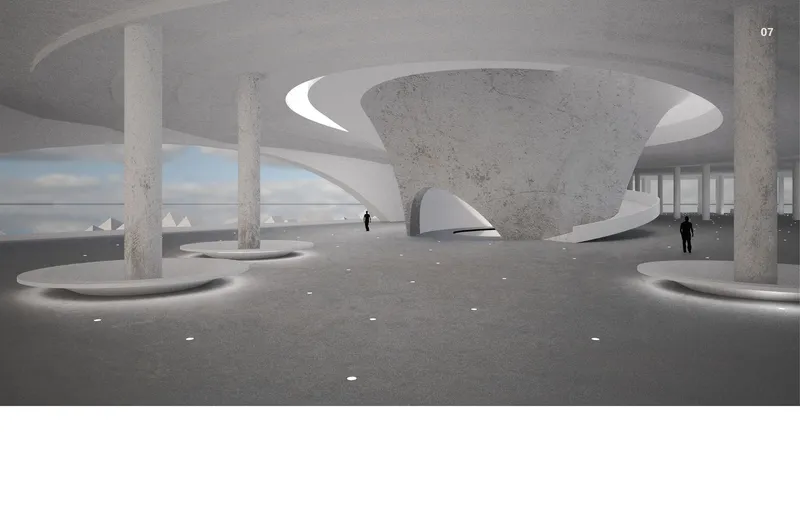 Interior space with sculptural concrete columns and curved ceiling vaults overlooking the waterfront with two figures