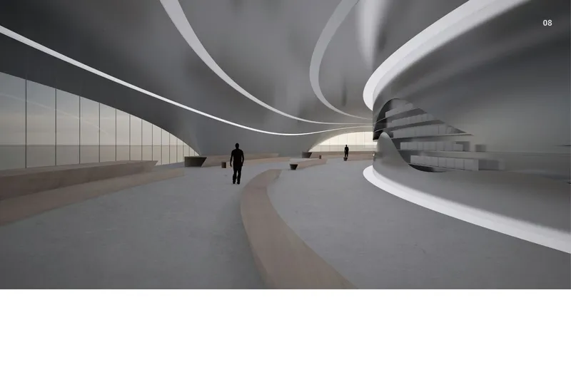 Interior corridor with flowing ceiling forms and a helical staircase beside paneled storage walls with figures walking