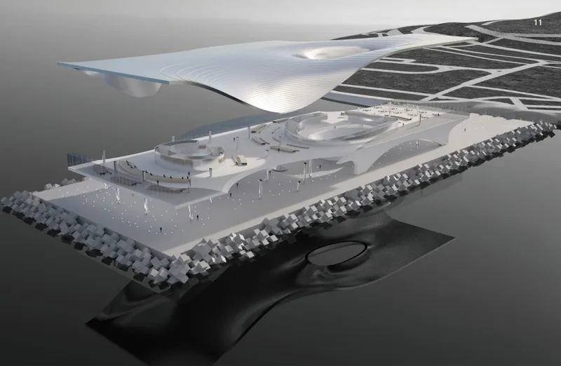 Model view of the waterfront plaza with curved canopy roof and rock breakwater along the water edge