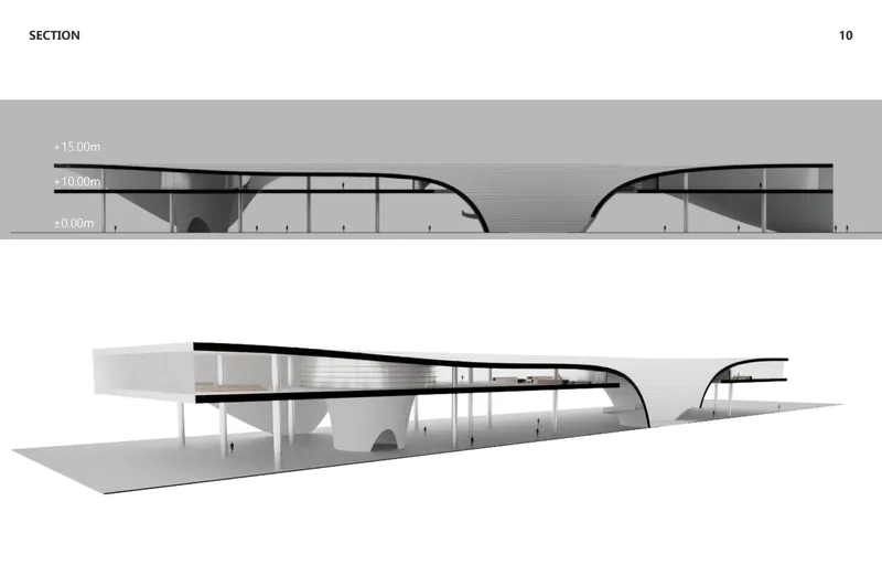 Section drawing showing the building's curved roof forms and glazed lower levels with interior spaces