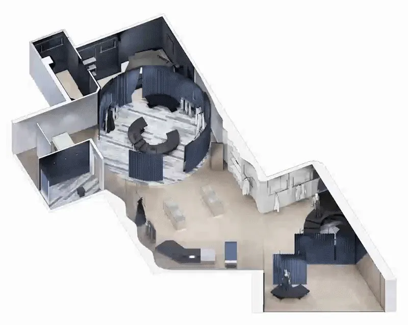 Axonometric drawing showing the retail layout with curved partitions and display zones