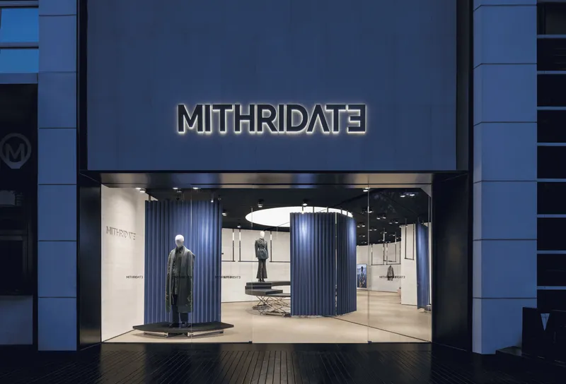 Storefront entrance with illuminated signage and full-height glazing at dusk