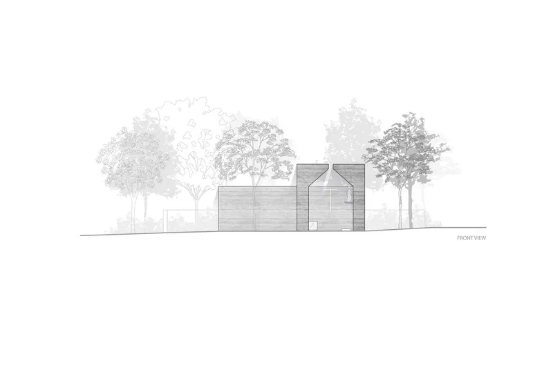 Front elevation drawing showing low horizontal volumes with pitched roofs among mature trees