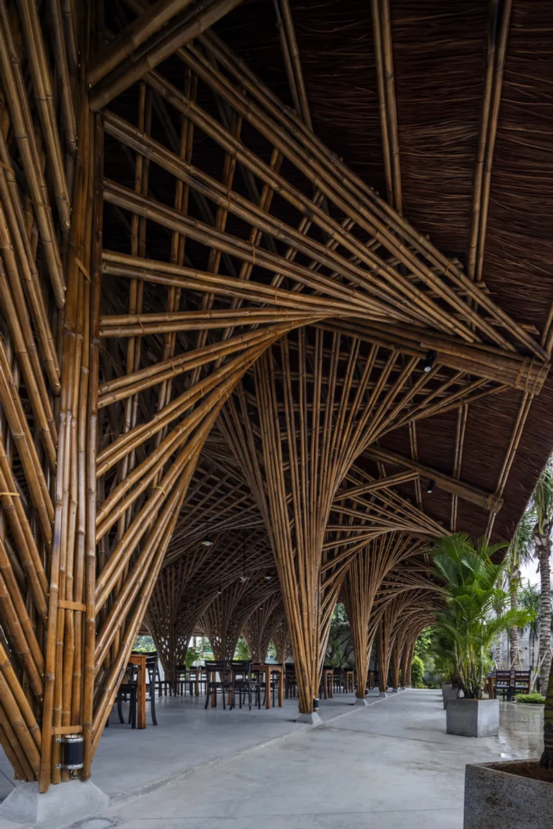 Angled view of bundled bamboo columns fanning outward to meet the lattice roof structure