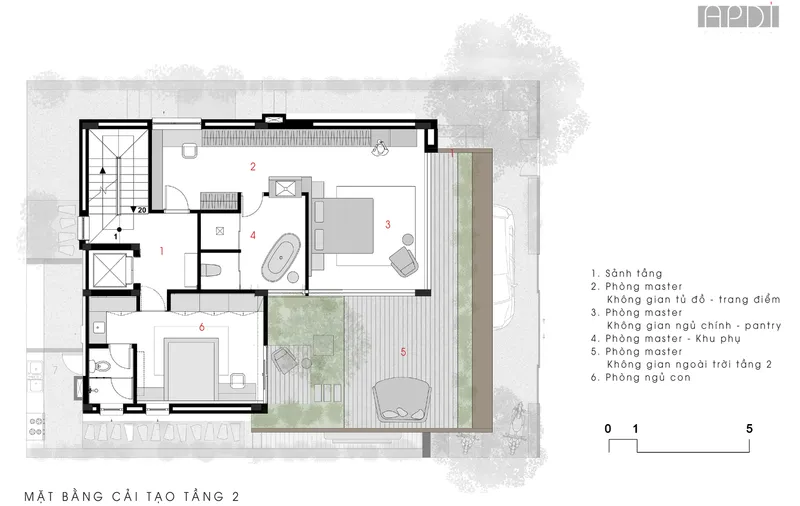 Floor plan drawing of second level showing bedrooms, terraces and interior courtyard with plantings
