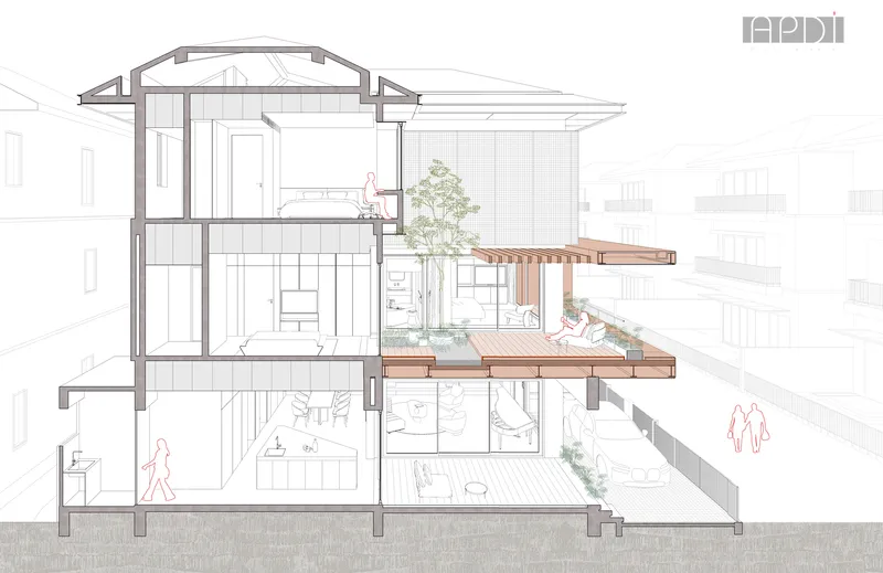 Section drawing showing multi-level interior spaces with courtyard, arched skylight and timber deck extension