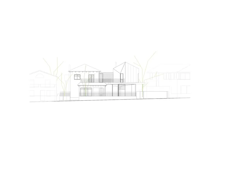 Elevation drawing of two-story residence with pitched roofs and flanking trees