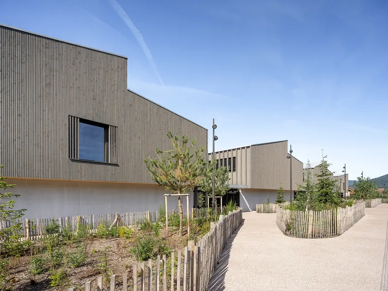 Vertical timber facade with planted beds enclosed by slatted wooden fencing along a pathway