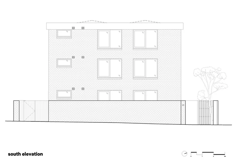South elevation drawing of a three-story brick building with paired windows and a tree