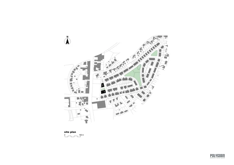 Site plan drawing showing a curving residential development with green park space and surrounding street grid
