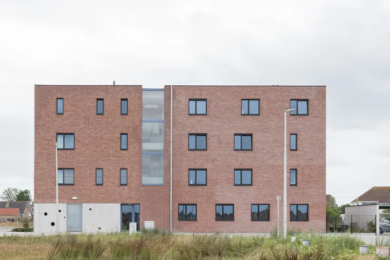 Rear elevation showing red brick volumes flanking a central glazed circulation core under overcast sky