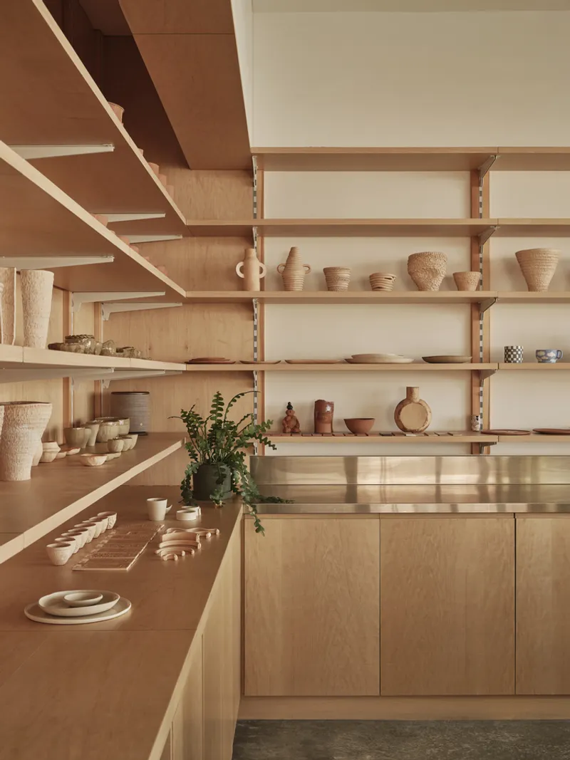 Timber shelving system displaying ceramic vessels and bowls illuminated by warm afternoon light