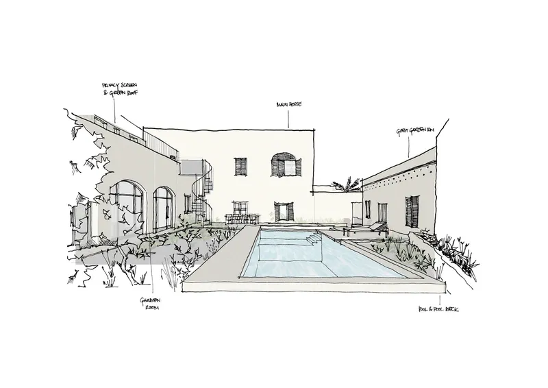 Perspective sketch showing the courtyard layout with pool, spiral stair, and surrounding volumes