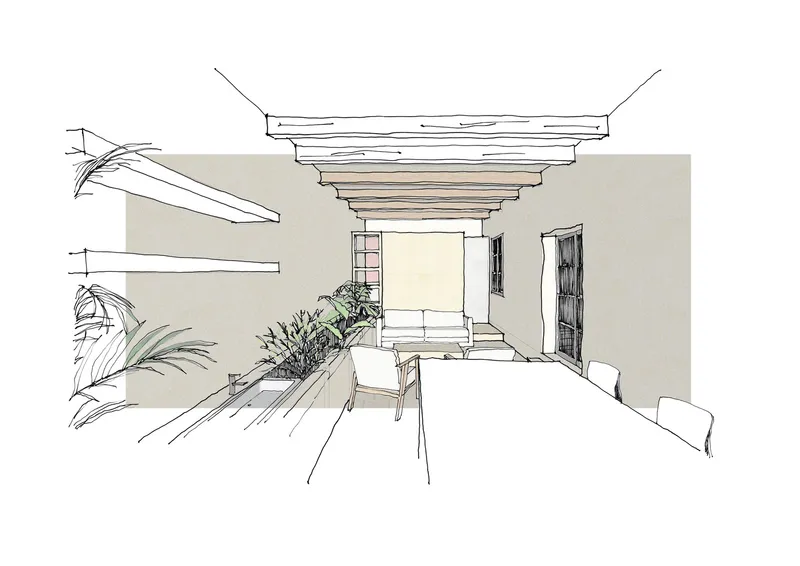 Interior perspective sketch of a dining space with exposed timber ceiling beams and potted plants