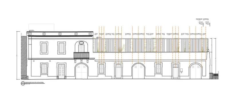 Elevation drawing of a two-story facade with arched openings and rooftop screening structure