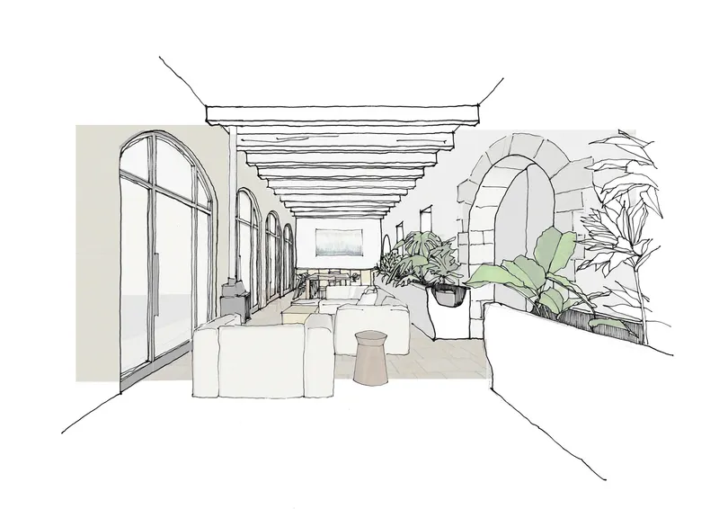 Interior perspective sketch of a corridor with arched openings, layered ceiling beams, and planted beds