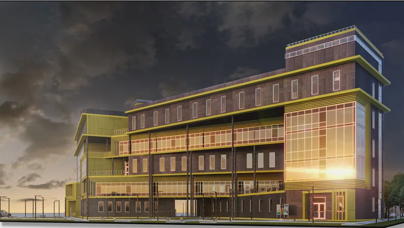 Exterior rendering showing the illuminated glass and yellow metal facade at dusk under storm clouds