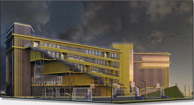 Exterior rendering showing the yellow metal fire escape stairs against the purple-grey masonry facade with birds overhead