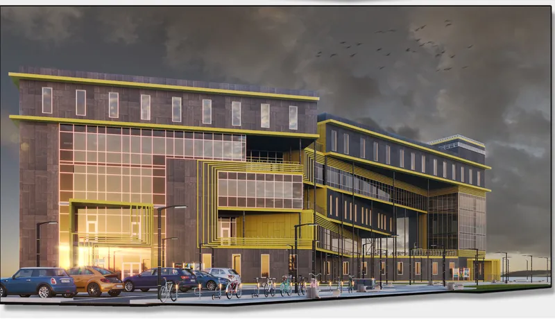 Street-level rendering of the glass and yellow-framed facade with pedestrians and parked cars at twilight