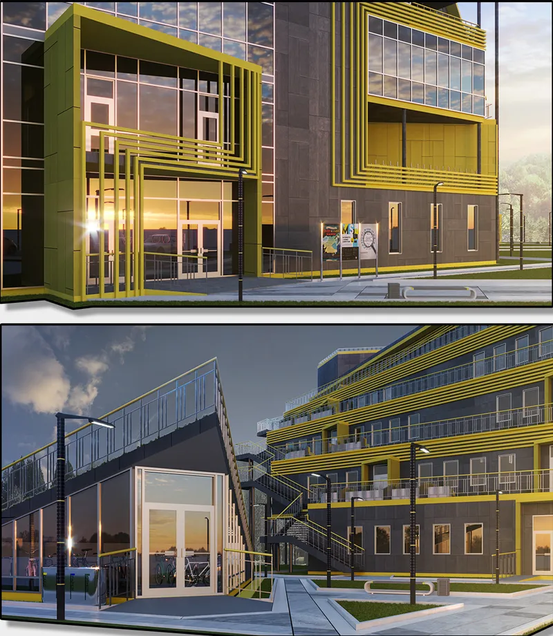 Exterior views showing yellow tubular sunshade frames wrapping the glass and dark tile facades at dusk