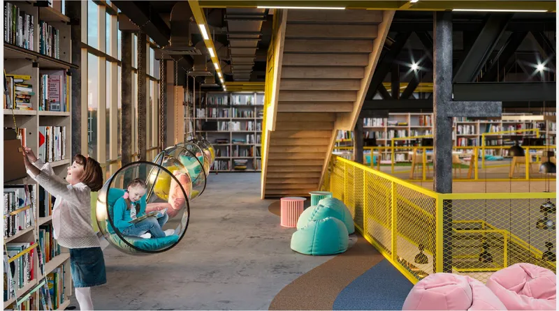 Library area with timber stairs, yellow mesh guardrails, suspended bubble chairs, and children reading on the floor