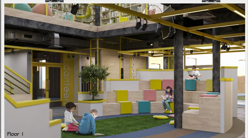 Multi-level atrium with timber bleacher seating, colorful cubes, exposed columns, and children on artificial turf