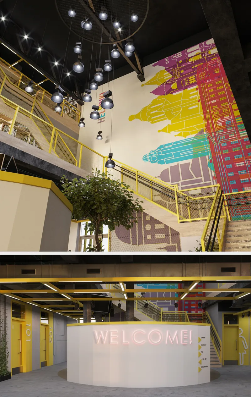 Interior atrium with yellow steel railings, sphere pendant lights, and a colorful mural above the white reception desk