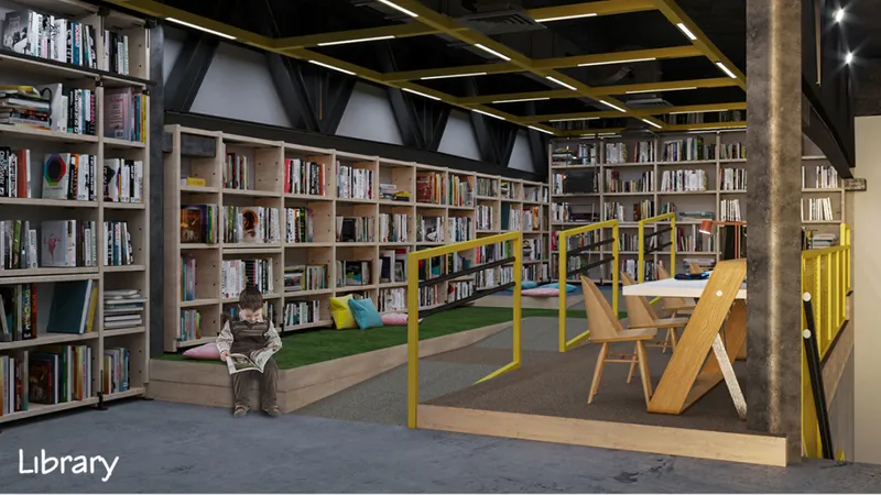 Library interior with floor-to-ceiling bookshelves, yellow metal frames, and a child reading on the carpet