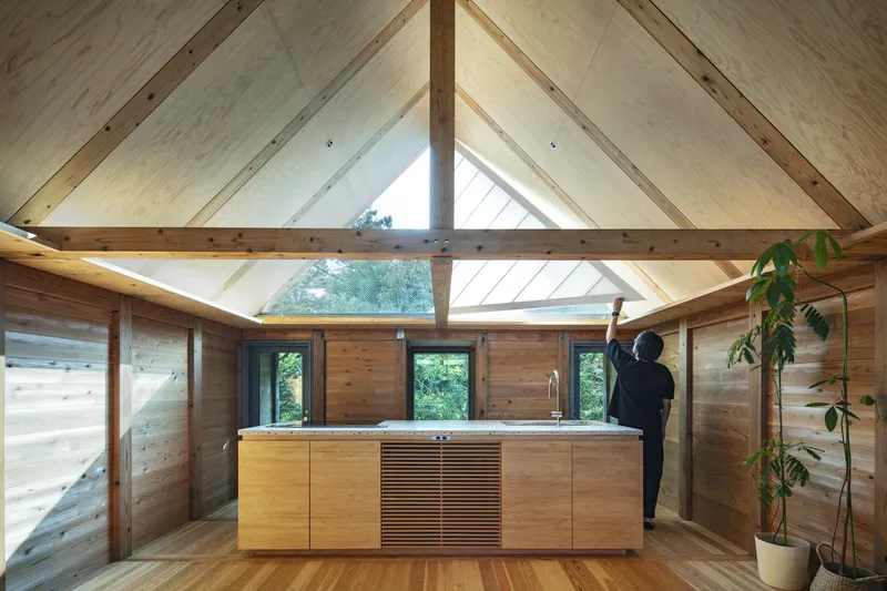 Kitchen with slatted cabinet front and person reaching for upper storage beneath triangular glazed gable