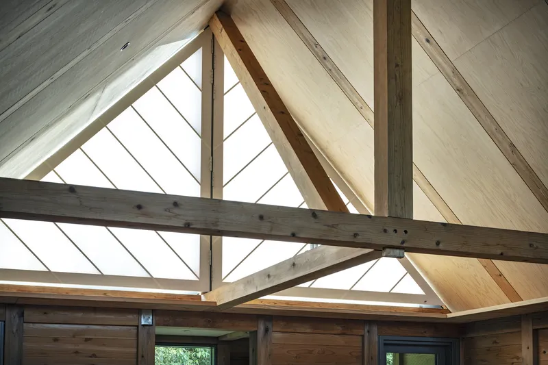 Timber beam and rafters supporting the gabled roof structure with triangular glazing above
