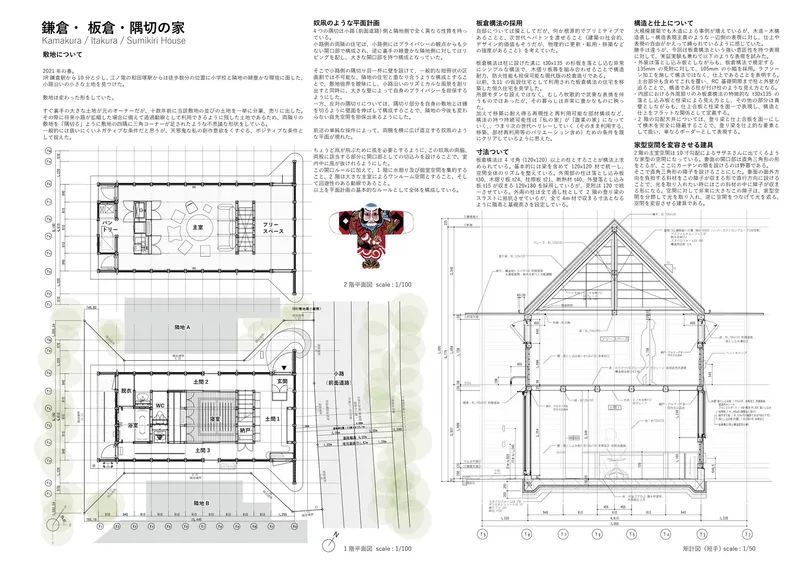 Floor plans and section drawings with text annotations showing spatial layout and structural details