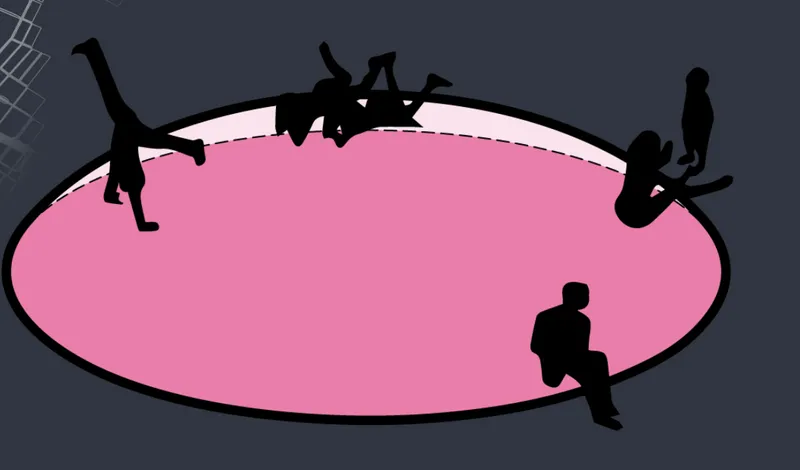 Diagram showing silhouetted figures in various positions on and around a pink oval surface