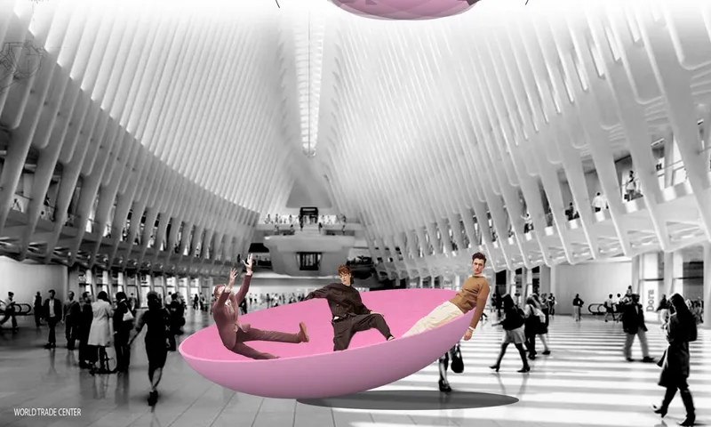 Pink oval seating element with reclining figures in a white ribbed transit hall with pedestrians passing