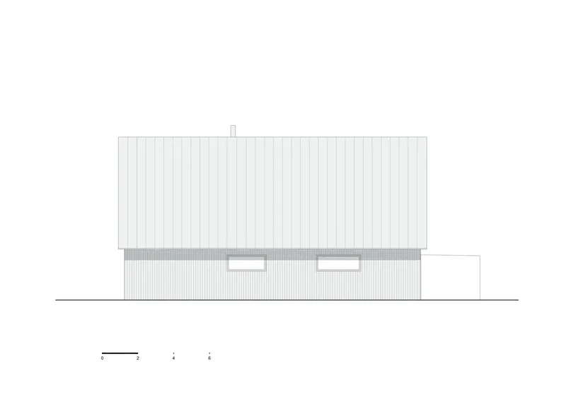 Elevation drawing showing the gabled facade with two windows on the upper level