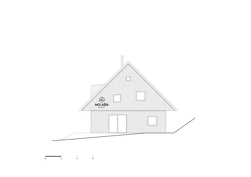 Elevation drawing showing the gable end with vertical siding and scattered windows on sloping ground
