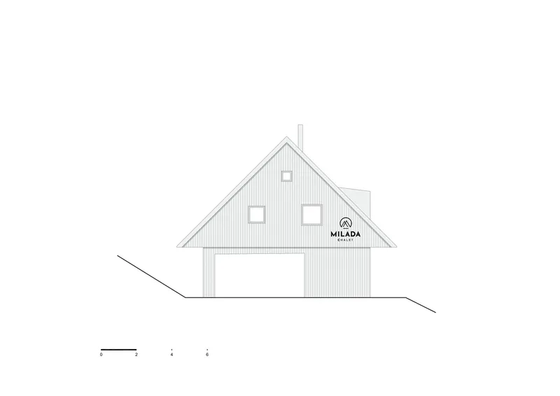 Elevation drawing showing the gable facade with an open lower level and windows above