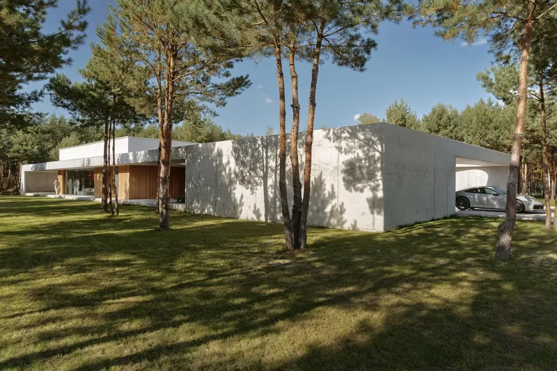 White concrete volumes with timber cladding set among tall pine trees in a grassy clearing