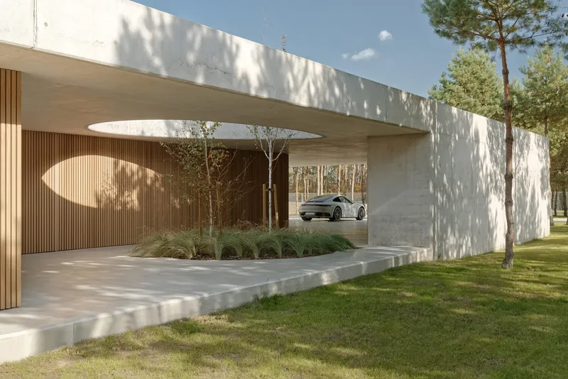 Covered carport with curved timber ceiling and planted courtyard bed casting dappled shadows on concrete