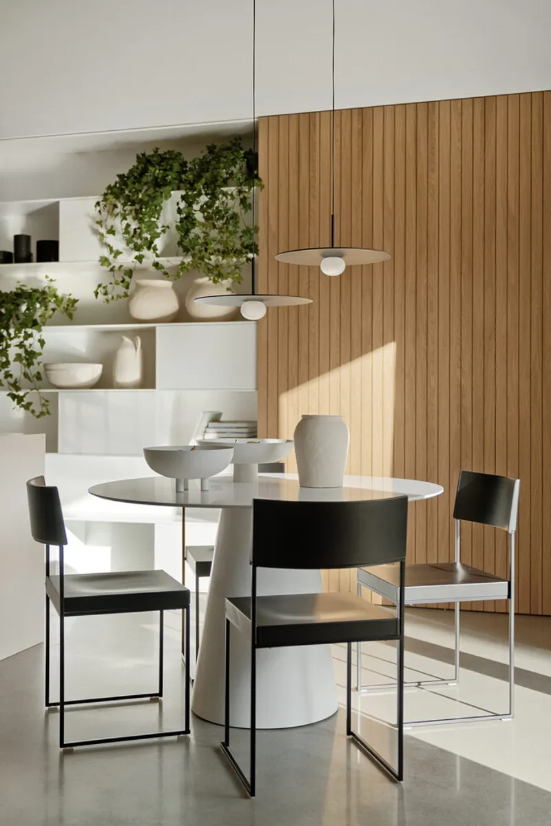Dining area with vertical timber wall, white shelving with potted greenery, and suspended pendant light