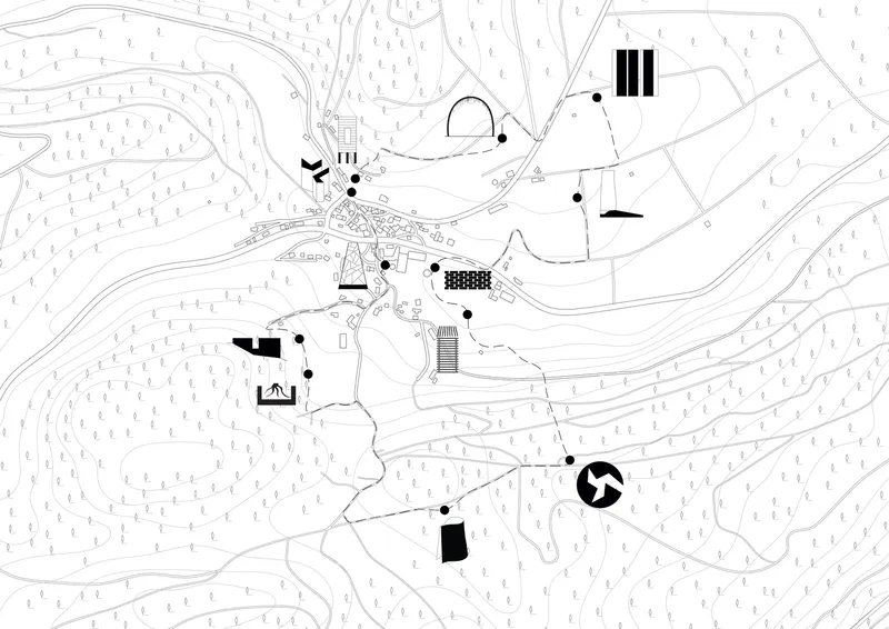 Site plan drawing showing scattered buildings and landscape features connected by pathways and topographic contours