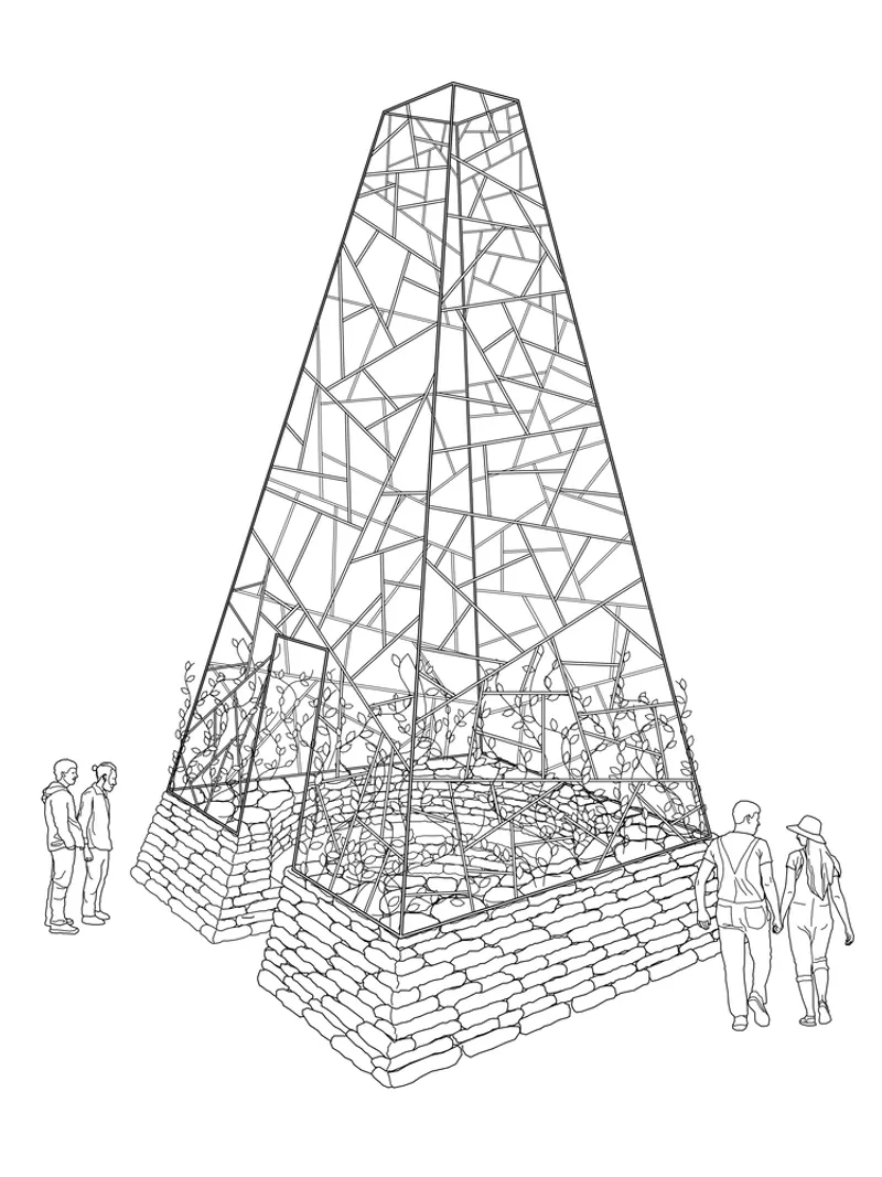 Axonometric drawing of a pyramidal steel frame tower with planted stone base and figures around it