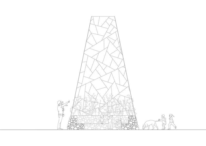 Elevation drawing of a tapering steel tower with stone base and figures with dog at ground level