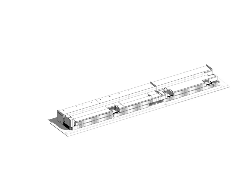 Axonometric drawing showing a linear building with a slatted facade and stepped rooftop volumes