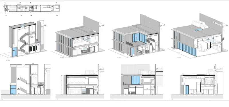 Section and elevation drawings showing interior spaces with blue glazing and a stair tower