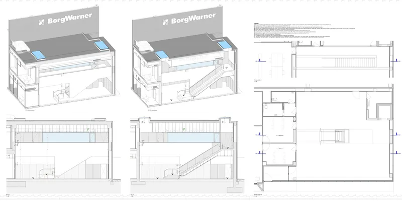 Axonometric sections and floor plan illustrating double-height spaces with signage and circulation routes