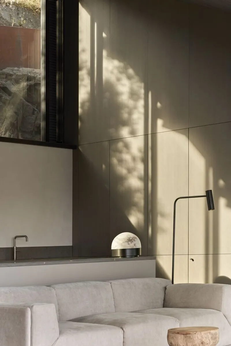 Living room wall with paneled cabinetry casting tree shadow patterns in afternoon light